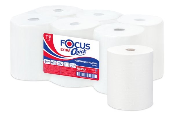 Полотенце бумажное двухслойное белое Focus Extra Quick, длина 150м, 6 рул/уп